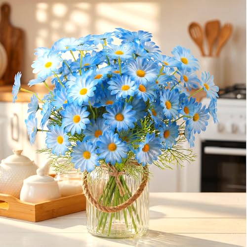 Giegxin 100 Pcs Artificial Daisy Flowers Bulk Realistic Fake Daisies Faux Wildflower Daisy UV Resistant Silk Fake Flowers Plants for Outside Wedding Garden Home Table Decor (Blue) - color: Blue