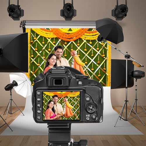 10x8ft India Pooja Photography Backdrop Yellow Flower Green Flower Wall Hindu Photography Background Indian Wedding Puja Ganpati Pooja Traditional Mehndi Festival for Kids Adult Studio Video - size: 10x8ft
