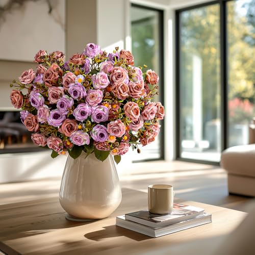 Artificial Rose Flowers for Outdoor 4 Bundles Rose Bouquet with Daisy Faux Flowers UV Resistant for Home Indoor Outside Garden Porch Window Box Balcony Yard Porch Fall Decor (Purple+Brown) - color: Purple+brown