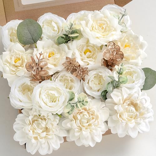 Artificial Flowers Combo Set Brilliant White Dahlia Roses DIY Wedding Decor | Silk Fake flowers arrangement set for home decor crafts reusable party bouquets DIY wedding table and event decorations - color: Brilliant White, size: The Minimalist