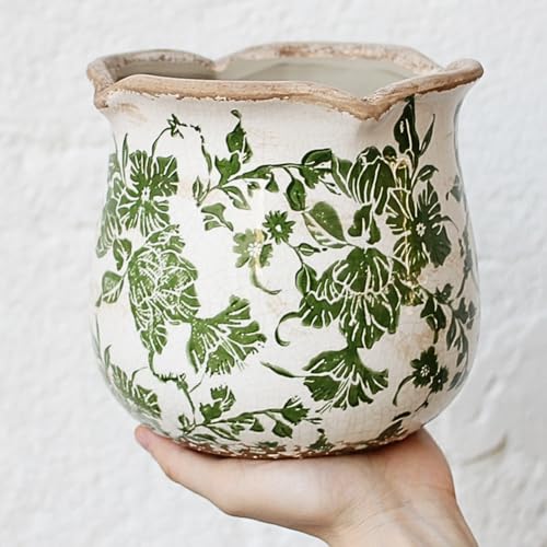 Xiaan Jiaju Tuscan Ceramic Plant Pots, 6.11 Inch Vintage Planters with Drainage Hole for Indoor Plants, Farmhouse Green Scroll Vase & Flower Pots, Home Kitchen Garden Decor, Plant Lover Gifts - color: Green