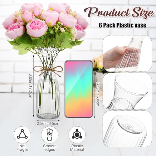 Thiccywoov 19 Pack Artificial Peony Flowers with Vase Bulk, 12 Bundles Faux Peony Bouquet 6 Vase with 1 Rope Silk Flower Arrangement Wedding Table Centerpiece for Wedding Bridal Shower(Hot Pink) - color: Hot Pink