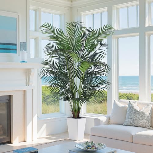 Artificial Palm Tree with White Tall Planter, 7ft Tall Potted Artificial Silk Palm Tree Plant, Fake Tropical Plant, Home Office Floor Room Decor Plants Indoor Outdoor, Housewarming Gift - size: 7ft