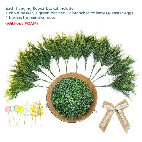 Set of 2 Easter Artificial Hanging Plant Flower Baskets, Fake Planter Hanging with 24 Pcs Cypress Leaves, Faux Ferns with Easter Eggs & Berries for Outdoor Spring Decor Porch, Garden, Patio - color: Green, Multi-colored
