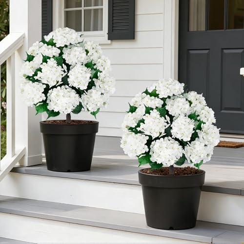 Grooy Artificial Topiary Ball Tree with White Hydrangea, Set of 2 UV Resistant Shrubs with Ground Spike, Fake Evergreen Plant Decor for Porch Garden Indoor Outdoor - color: White Hydrangea