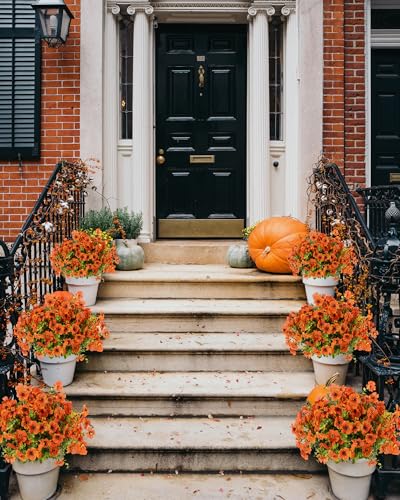Fall Flowers Artificial for Decoration, Faux Mums for Outdoor Planters, 12 Bundles Fake Mums for Home, Orange Flowers for Thanksgiving, Front Porch Fall Decor, Garden Patio Home Aesthetic - color: Orange