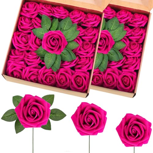 50 Pcs Artificial Foam Rose Flower Faux Bouquet Wedding Fake Rose Gift for Mother's Day Women DIY Bridal Shower Party Table Birthday Home Spring Decor (Hot Pink) - color: Hot Pink