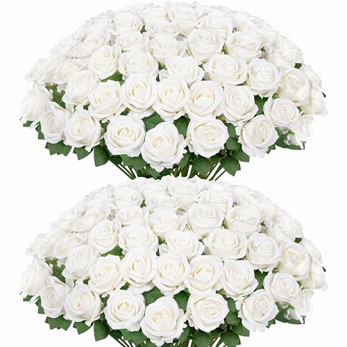 Ouddy Decor 50 Pcs Fake Roses Artificial Flowers Bulk Real Touch Velvet Silk Flowers with Long Stems for Wedding Bridal Bouquet DIY Table Centerpiece Mothers Day Valentines Gifts Home Decor, White - color: White, size: 50 Packs