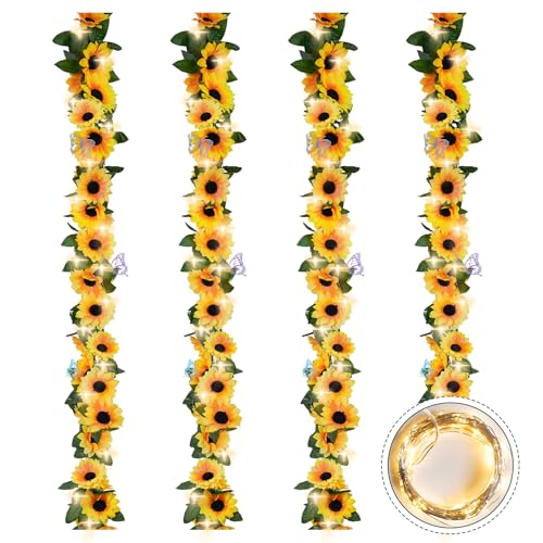 BonBloom's 4 Pack Fake Sunflowers Garland Decor,Sunflower Vines with Lights,7.5ft Artificial Silk Flower Garland for Table Centerpieces Wedding Birthday Home Fall Decorations - color: Sunflower With Light, size: 4 Pack