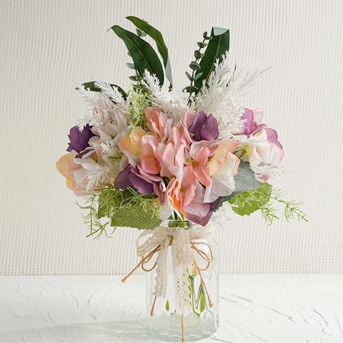 LUEUR Fake Flowers with Vase, Artificial Pink & Purple Hydrangea Arrangement, Spring Floral Centerpiece for Dining Table, Coffee Table & Farmhouse Home Decor Srping Decoration - color: Purple & Green