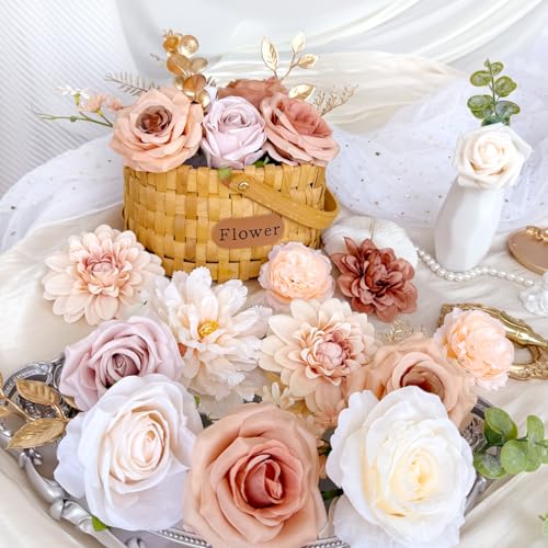 Terracotta Artificial Flowers Combo Box Bulk Nude Cream Silk Roses Dahlia with Freely Combined Stems Bridal Wedding Bouquets Cake Flower Beige Gold Boho Floral Arrangements Baby Shower Party Decor - color: Nude, Beige, Terracotta