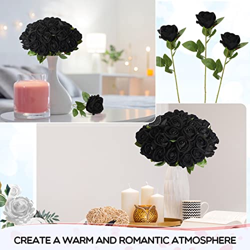 Jexine 50 Pcs Artificial Rose Flower Bulk Realistic Silk Fake Roses with Long Stem Plastic Artificial Flower Bouquet Real Looking for Home Wedding Centerpieces Party Decoration(Black) - color: Black
