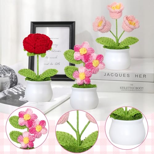 Weldomcor Crochet Flowers Cute Potted Plants Fake Knitted Flower Mini Flowers for Desk Office Car Dashboard Window Home Decor, Gift for Teachers Graduation Anniversary Birthday - color: Puff+rose+lily of the Valley