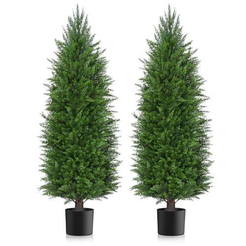 AOKIIE 4FT Artificial Cedar Topiary Trees UV Protection for Outdoor 2PCS | 48 Inch Tall UV Protection Fake Cypress Trees for Outdoors, Potted Pine Plants for Patio, Porch, Home, Doorway Decor - size: 4FT