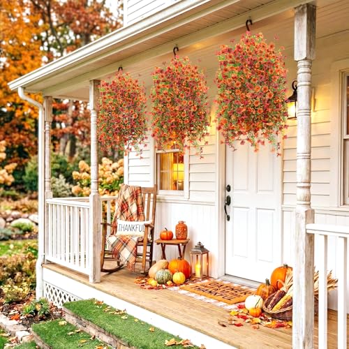 Artificial Fall Fake Flowers for Outdoor, 2 Pcs Faux Hanging Flowers Outdoor Fall Decor, UV Resistant No Fade Fake Mums Silk Flower for Front Door Porch Planters Patio Yard Garden(Orange Autumn Red) - color: Orange Autumn Red