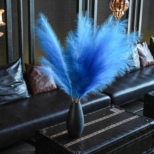 Premium Faux Navy Blue & Sky Blue Pampas Grass Decor – 43.3″8pcs Tall Fluffy Dual-Tone Feather Flowers, No Assembly 18-Branch One-Piece Stems for Coastal Boho Wedding & Modern Home Decor (8pcs 110cm) - color: Faux Navy Blue, size: 8pcs 43.3"(110cm)