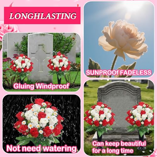 Wocst Artificial Cemetery Flowers for Grave Memorial Day Flowers for Cemetery,2Pack Artificial Silk Roses Daisy Bouquets with Cemetery Vases for Outdoor Grave Decorations ﻿ (Red White) - color: Red White