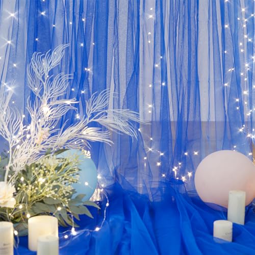 Royal Blue Backdrop Curtains with Lights String for Parites Wedding 10×8ft Sheer Tulle Backdrop Curtain for Graduation Ceremony Baby Shower Birthday Party Prom Photo Shoot Background Decorations - color: Royal Blue, size: 10 ft X 8 ft(2 Panels 5ft X 8ft)
