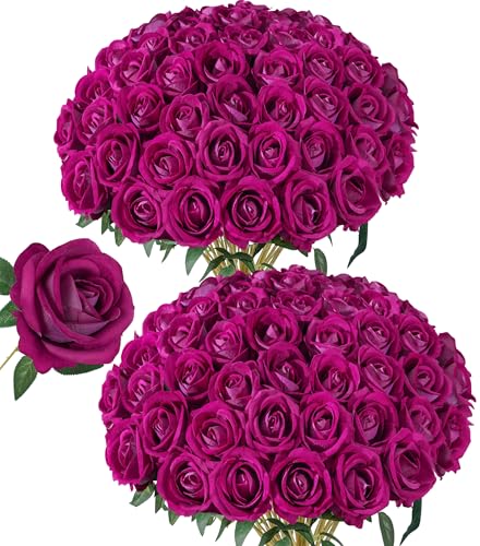 50 PCS Roses Artificial Flowers, Fake Roses with Stem Realistic Magenta Silk Roses for DIY Wedding Bouquets Table Centerpieces Arrangements Baby Shower Birthday Home Decor Valentine's Day Gift for Her - color: Magenta