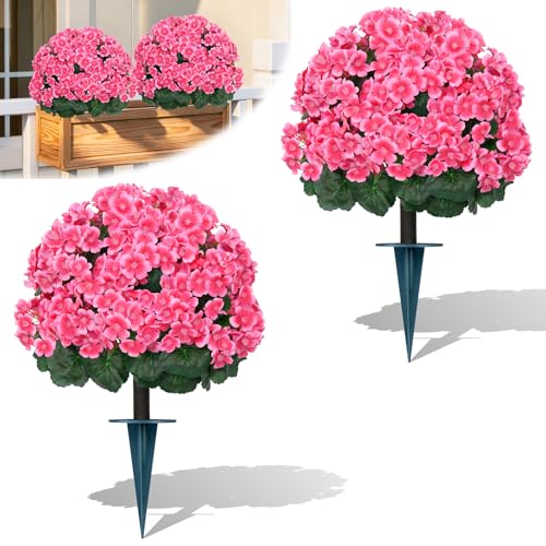 Yangrass Artificial Topiary Pink Flowers for Outdoors, Fake Bushes Topiary Ball Trees Set of 2 with Ground Spikes, Lifelike UV Resistant Faux Plants for Front Porch Garden Patio Decor - color: Pink Crabapple Blossoms