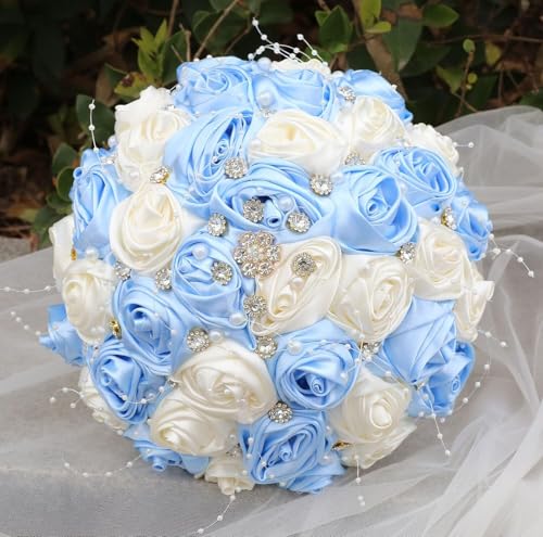 Ujicde Romantic Wedding Bouquet Bridal Bridesmaid Round Bling Brooch Bouquet Throw Toss Artificial Rose Flower Bunch with Sparkle Rhinestone Crystal Decoration(Light Blue+Ivory,Dia. 6.3"*16cm) - color: Light Blue+ivory, size: Dia. 6.3"*16cm