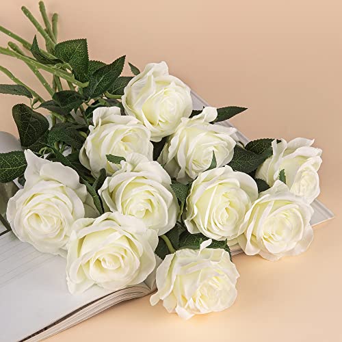 10pcs White Silk Roses Artificial Rose Flowers Long Stem for DIY Wedding Bouquet Table Centerpiece Home Décor - color: X-white