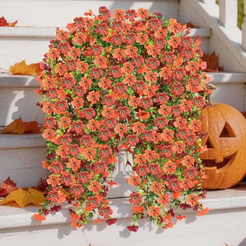 Artificial Hanging Flowers for Outdoors, 6PCS Faux Silk Artificial Flowers for Outdoors, UV Resistant Fake Flowers, No Fade Trailing Greenery, Decor for Home Porch Patio Balcony Garden Yard - color: Orange Brown