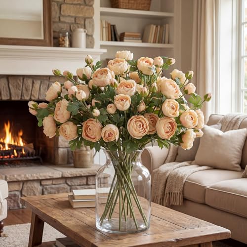 Giegxin 3 Stems Peonies Artificial Flowers Faux Silk Peony Flowers Bouquet 24.5'' Tall Champagne Peonies - Fake Ranunculus Flower for Vases DIY Centerpieces Bridal Shower Wedding Home Decoration