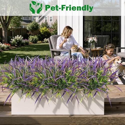 Uieke 28 Bundles Artificial Outdoor Plants UV Resistant Fake Grass Plants Faux Plastic Plants Greenery Shrubs for Home Garden Pathway Window Box Front Porch Cemetery Spring Summer Decor, Purple - color: Purple, size: 28
