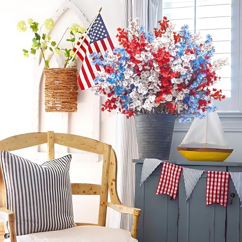 Uieke 15 Pcs 4th of July Artificial Flowers Fake Patriotic Babys Breath Flowers for Independence Day Decor Blue White Red Silk Flowers for Memorial Day Floral Arrangement Home Wedding - color: Red Blue White, size: 15PCS