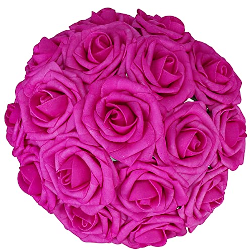 50pcs Artificial Flower，Real Touch Artificial Foam Roses Decoration DIY for Wedding Bridesmaid Bridal Bouquet Centerpieces Party(50, Fushcia) - color: Fushcia