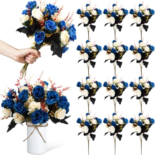 Hotop 12 Bunches of Artificial Flowers Centerpiece 13 Inches Silk Fake Roses Bouquets for Table Decoration Faux Arrangement Flowers for Wedding Cemetery Memorial Day (Dark Blue) - color: Dark Blue