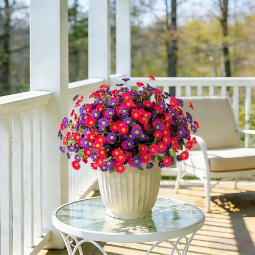 Ammyoo Fake Mums Spring Artificial Flowers for Outdoor Decoration, 12 Bundles Faux Silk Daisy Flowers Realistic UV Resistant No Fade Fake Plants for Home Patio Porch Garden Window Box Decor - color: Purple,rose Red