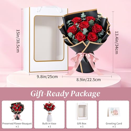 Lewondr Flower for Delivery, Preserved Flowers Bouquet, Red Roses Bouquet, Real Long-Lasting Forever Birthday Flowers Gifts for Her Wife Girlfriend Valentines Day Anniversary Mothers Day, Black-Red - color: Red