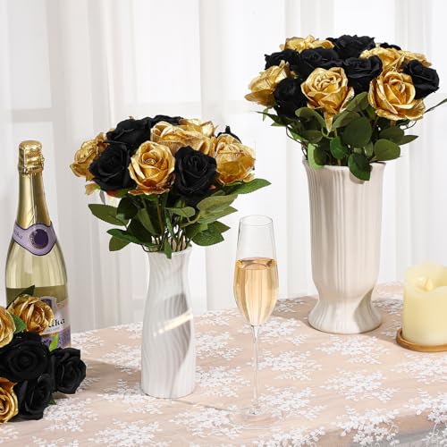 36 Pcs Silk Black Gold Rose Bouquet Bridal Artificial Flowers,Fake Rose Long Stem Realistic Flowers Bulk for Wedding Bouquet Ball Arrangement Centerpiece Party Decor - color: Black, Gold