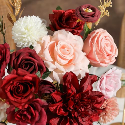 Garisey Artificial Flowers Combo, Mix Silk Flowers Roses, Peonies, Dahlias with Stems for DIY Wedding Bridal Bouquets, Baby Shower, Table Centerpieces, Home Decor, Fake Floral Arrangements-Red&Pink - color: Red&pink