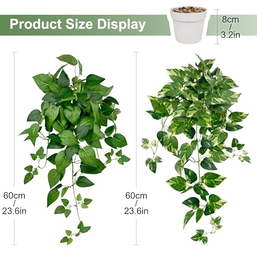 Artificial Hanging Plants with White Pots –2 Pack Fake Pothos Potted Plants Faux Ivy Vines 23.6‘’, Realistic Greenery Hanging Fakeplants Indoor for Home Decor, Bedroom, Bathroom, Office, Living Room - size: 23.6''