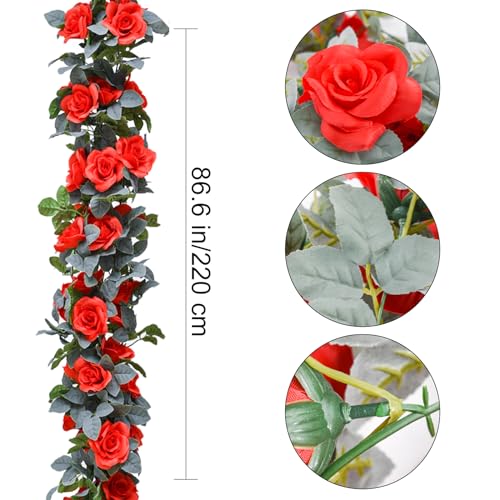 Flower Garland Rose Vine 4Pcs 28FT Artificial Floral Garland with Green Leaves Hanging Rose Vine for Wedding Party Garden Home Wall Decor (Red) - color: Red