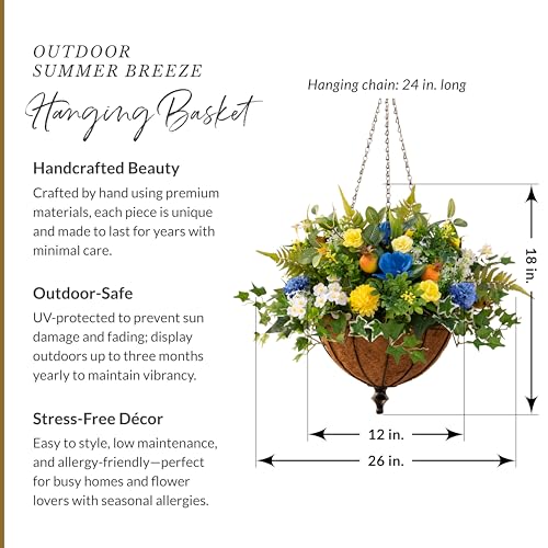 Balsam Hill Outdoor Summer Breeze Spring & Summer Hanging Basket - 26" Premium UV-Protected Artificial Outdoor Flowers for Porch, Patio, & Garden - color: Summer Breeze