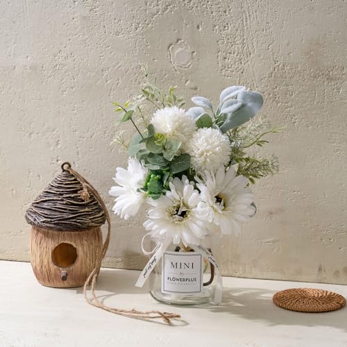 LADADA White Artificial Daisy Flower Set Glass Vase Table Centerpiece Home Decor - color: Milky White