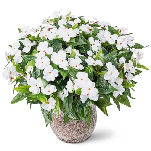 Nigirior Artificial Fake Flowers for Outdoor Décor 6 Bundles UV Resistant Fake Plants for Planter Faux Impatiens for Home Porch/Garden Stunning（White） - color: White