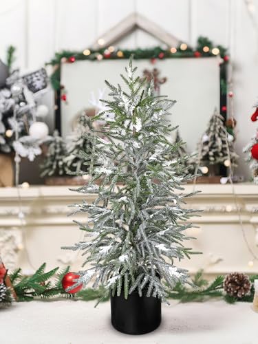 3FT Snow Flocked Artificial Norfolk Pine Tree in Pot, Real Touch Artificial Topiary Tree Small Faux Tabletop Christmas Tree for Front Porch Kitchen Home Indoor Outdoor Decor - style: 3ft Snow-Flocked