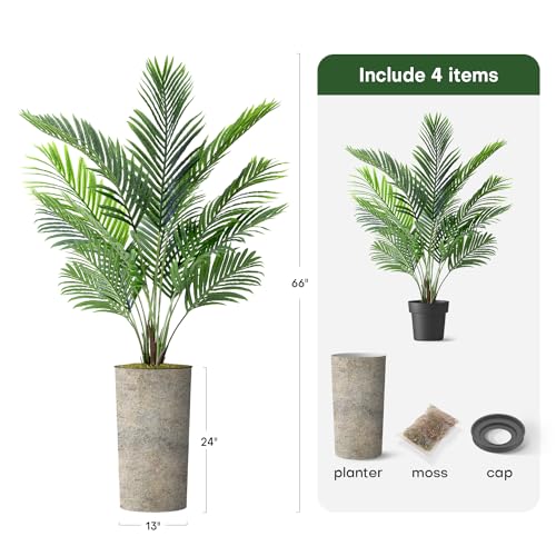 Artificial Tree in Optional Designed Pot, Fake Areca Tropical Palm Silk Tree for Indoor and Outdoor Home Decoration - 66" Overall Tall (Plant Pot Plus Tree) - style: Areca Palm Tree