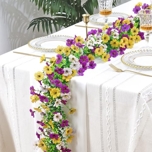 2 Pack Artificial Daisy Flower Garland,5.9FT UV Resistant Fake Floral Vine Silk Hanging Spring Wild Flower Garland for Home Mantle Garden Wedding Booth Backdrop Decor (White Yellow Purple) - color: White Yellow Purple, size: 2PCS