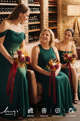 Ling's moment Red Bridesmaid Bouquets Set of 6,Burgundy & Burnt Orange Artificial Wedding Flower Bouquets Floral Bouquet Bridesmaid Bouquets with Ribbon, Ceremony, Anniversary, 7-inch Diameter - color: Rd-burgundy & Burnt Orange
