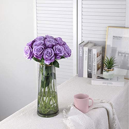 Nubry Artificial Silk Rose Flower Bouquet Lifelike Fake Rose for Wedding Home Party Decoration Event Gift 10pcs (Light Purple) - color: Gradient Light Purple