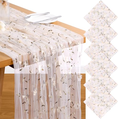 6 Pack Embroidery Floral Table Runner Rustic Spring Summer Wildflower Tulle Table Runner Vintage Flower Tabletop Runners for Home Kitchen Wedding Party Decoration, 108x24.5 Inch (Apricot Flowers) - color: Apricot Flowers-6, size: 108*24.5 inch