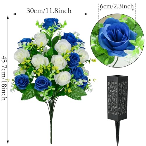Artificial Cemetery Flowers, Set of 2 Grave Memorial Flowers with Vase, Artificial Rose Bouquet for Cemetery Headstones Gravesites Decoration (Dark Blue & White) - color: Dark Blue & White