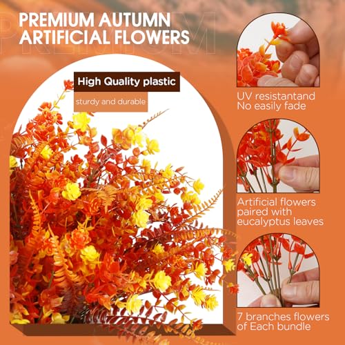 Artificial Fall Flowers for Outdoors,36 pcs Faux Outdoors Plants Realistic Artificial Autumn flower UV Resistant for outside Look Real Fake Plants for Thanksgiving Porch Decor Window planters wedding - color: Fall Red ＆ Yellow（with Fall Ferns）, size: 36 p