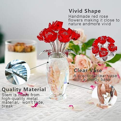 Red Crystal Rose Flower Figurine with Base,Glass Flower Bouquet Gifts for Women Girlfriend Wife,Handmade Crystal Flower Collectible Home Table Decor for Christmas Day Wedding Anniversary - color: Red 2